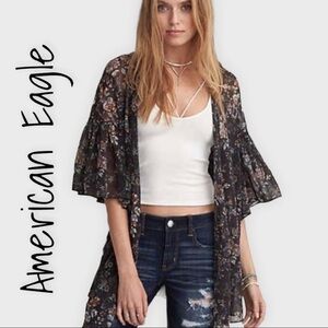 American Eagle sheer black floral print kimono